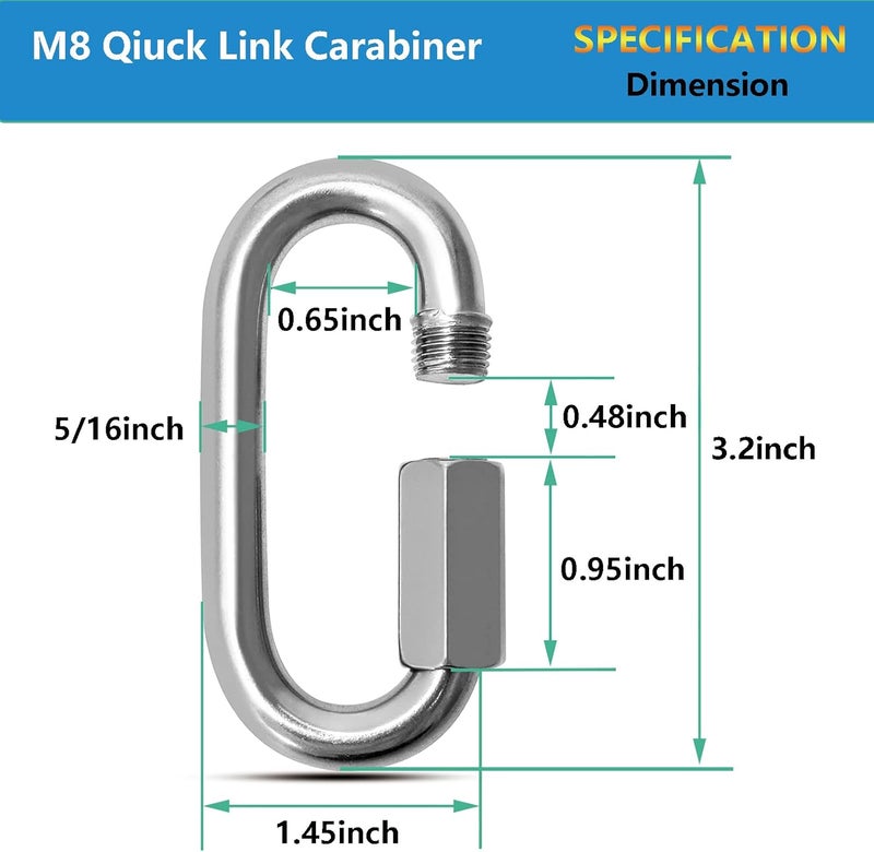 EVANCENT Quick Links, Chain Links Connector, 620lbs Capacity Heavy Duty Carabiner Clips, Galvanized Thread Quick Link Hardware for Safety Chain Swing Gym Hammock, Screw Lock Oval Locking Carabiner - Image 2